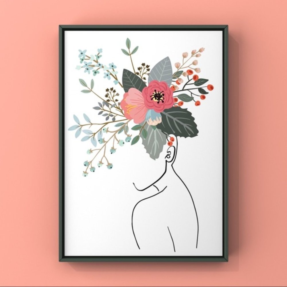 Contemporary modern women with flower abstract art